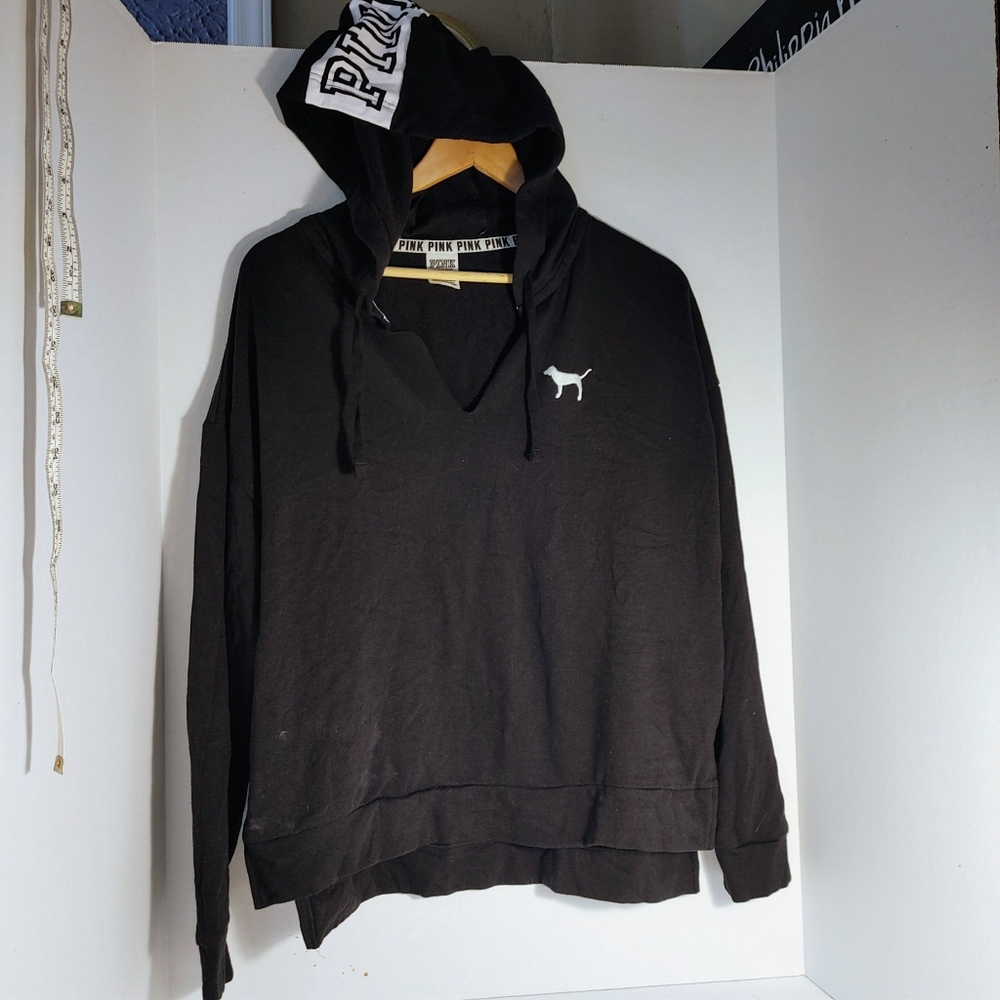 Victoria Secret PINK Hooded Sweatshirt Black with White Dog Hood saysPINK NATION